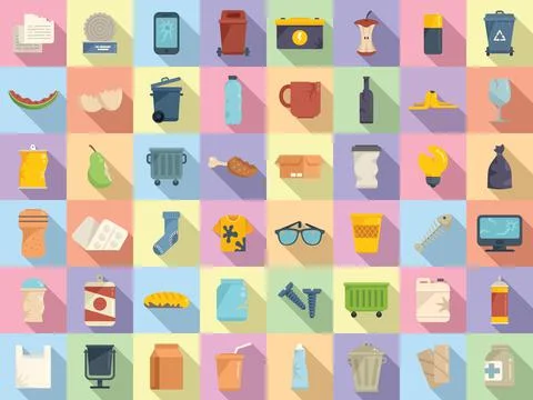 Waste icons set flat vector. Garbage food Stock Illustration
