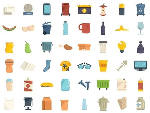 Waste icons set flat vector. Garbage food Stock Illustration