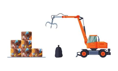 Waste Management or Garbage Processing with Machine Engaged in Trash Treatment Illustrazione stock