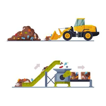 Waste Management or Garbage Processing with Machine Engaged in Trash Treatment Illustrazione stock
