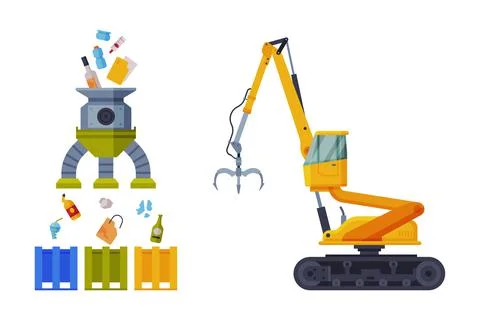 Waste Management or Garbage Processing with Machine Engaged in Trash Treatment Illustrazione stock