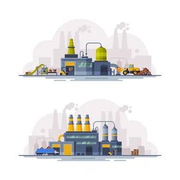 Waste Management or Garbage Processing Factory or Plant Vector Set Stock Illustration