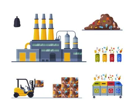 Waste Management or Garbage Processing Factory or Plant Vector Set Illustrazione stock