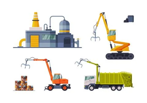 Waste Management or Garbage Processing with Machine Engaged in Trash Treatment Illustrazione stock