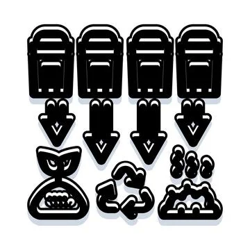 Waste management process with recycling and landfill icons Stock Illustration