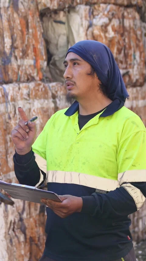 Waste management worker inspecting recycled pallets in slow motion Stock Footage 313924357