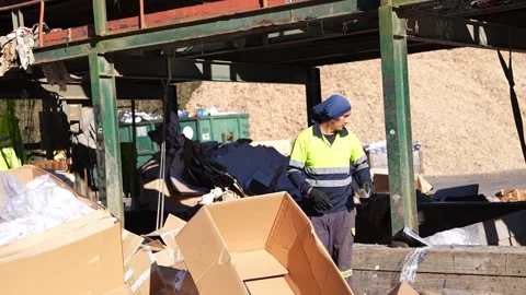 Waste management worker unloading cardboard boxes in slow motion Stock Footage 313917948