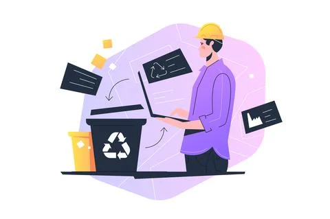 Waste manager, separation of waste on garbage cans for recycling Stock Illustration