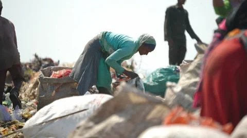 Waste Pickers Separating Recyclable Materials By Hand At Delhi Landfill Stock Footage 248056062