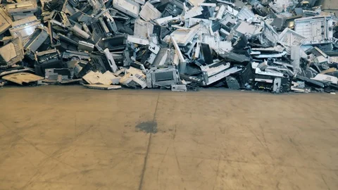 Waste, plastic trash, garbage recycling plant. Massive pile of broken copying Video stock 128110113