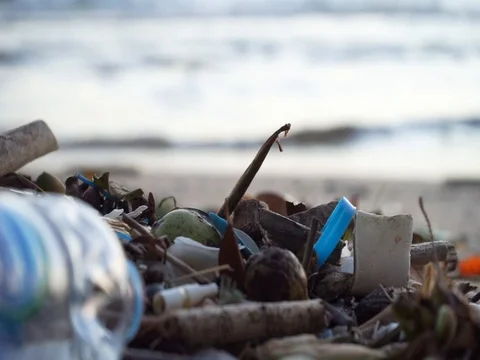 Waste pollution problem, plastic bottle and other garbage on beach Stock Footage 91351865