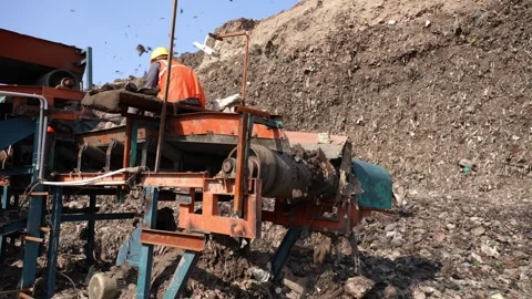Waste Processing Machinery Working Beside Garbage Mountain In Delhi Stock Footage 248058568