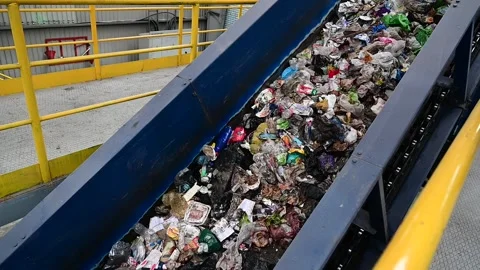 Waste processing plant conveyor, technological, production line Stock Footage 169159472