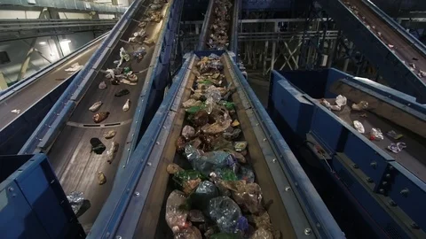 Waste processing plant. Waste on shipping tape. Waste sorting Stock Footage 101287359