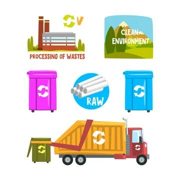 Waste Processing with Recycle Dustbin, Industrial Plant and Dump Truck,Vector イラスト素材