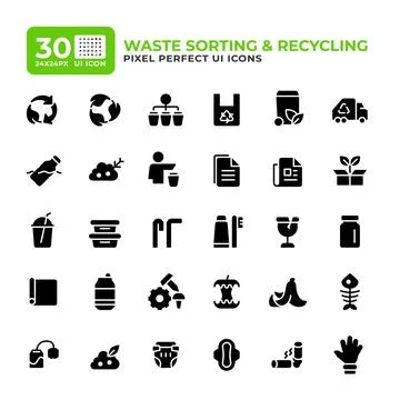 Waste recycling process glyph essential ui icon set Stockillustratie