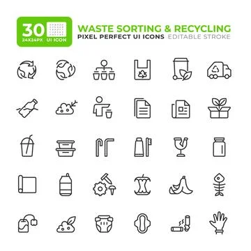 Waste recycling process line essential ui icon set Stock Illustration