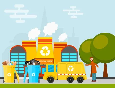 Waste recycling vector garbage process factory truck brought processing industry イラスト素材