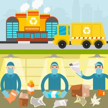 Waste recycling vector garbage process factory truck brought processing industry イラスト素材