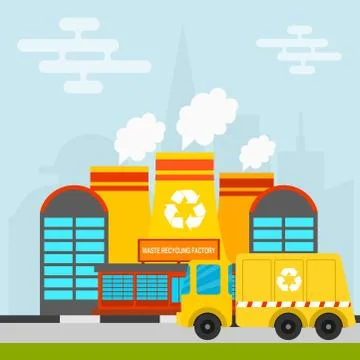 Waste recycling vector garbage process factory truck brought processing industry イラスト素材
