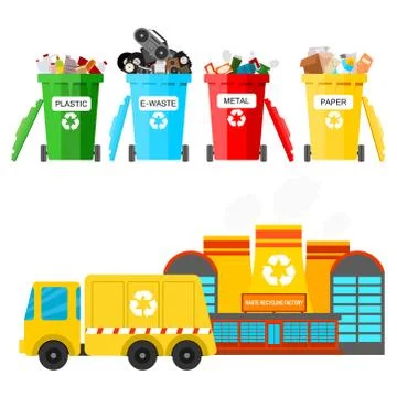 Waste recycling vector garbage process factory truck brought processing industry Illustrazione stock