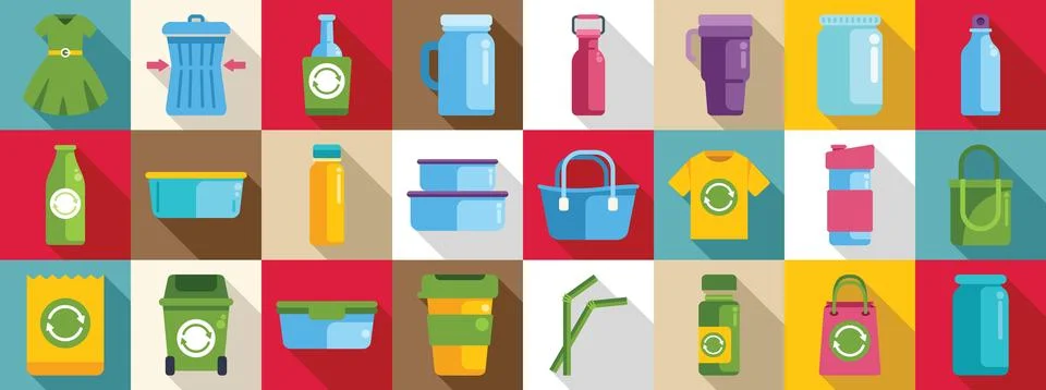 Waste reduction icons set. Various reusable and recyclable items promoting a  Stock Illustration