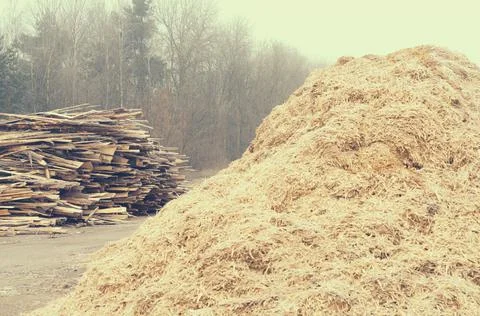 Waste sawmill in the form of a stack of boards and a mountain of sawdust. Stock Photos