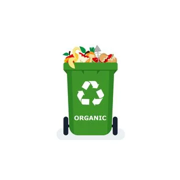 Waste segregation. Sorting garbage by material and type in colored trash cans Stock Illustration