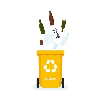 Waste segregation. Sorting garbage by material and type in colored trash cans Stock Illustration