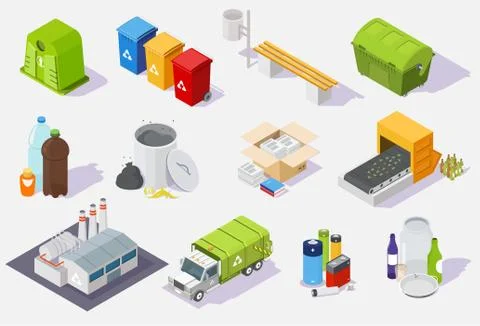 Waste sorting and recycling process isometric icon set, vector isolated Illustrazione stock