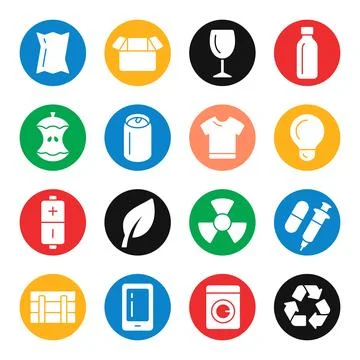 Waste sorting categories colourful vector icon set Stock Illustration