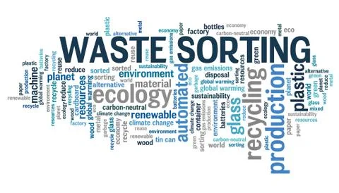 Waste sorting concept word cloud collage. Trash sorting sign. Stock Illustration
