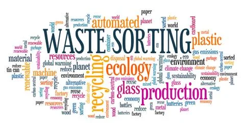 Waste sorting concept word cloud collage. Trash sorting sign. Stock Illustration
