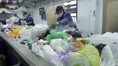 Waste sorting. Conveyor for sorting. Recycling waste Stock Footage 70353948