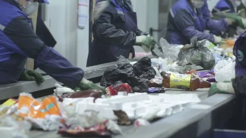 Waste sorting. Conveyor for sorting. Recycling waste Stock Footage 70354604