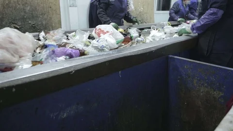 Waste sorting. Conveyor for sorting. Recycling waste Stock Footage 70354767
