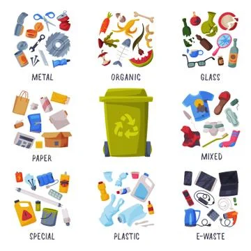 Waste Sorting, Different Types of Garbage, Paper, Plastics, Metal, Glass Illustrazione stock