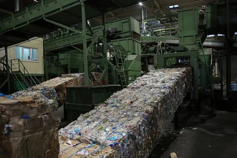 Waste sorting factory. Cubes of pressed metal cans on the conveyer belt Stock Photos