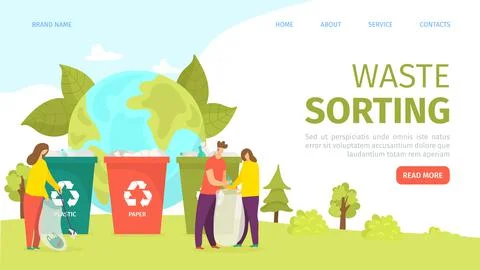Waste sorting, garbage container with recycling sign, landing page, vector Stock Illustration