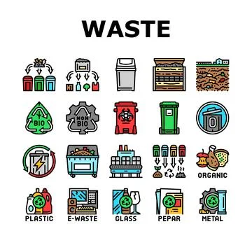 Waste sorting garbage plastic icons set vector Illustrazione stock
