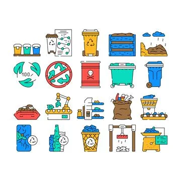 Waste sorting garbage plastic icons set vector Illustrazione stock