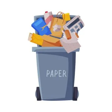 Waste Sorting, Gray Trash Can with Sorted Paper Garbage, Segregation and Stock Illustration
