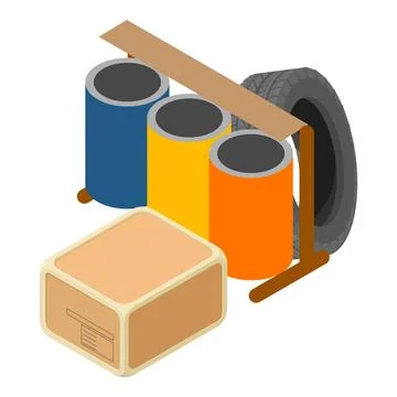 Waste sorting icon isometric vector. Worn car tire and parcel box near three urn Stock Illustration