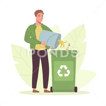 Waste sorting. A man throws garbage out of a bucket without using ...