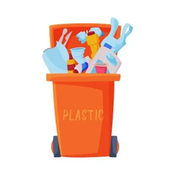 Waste Sorting, Orange Trash Can with Sorted Plastic Garbage, Segregation and Stock Illustration