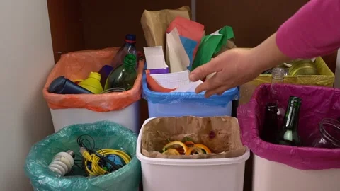 Waste Sorting. Recycle plastic metal glass paper organic e-waste Stock Footage 137559435