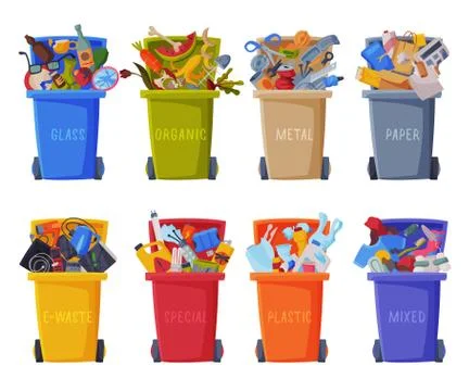 Waste Sorting, Set of Trash Cans with Sorted Garbage, Segregation and Separation Stock Illustration