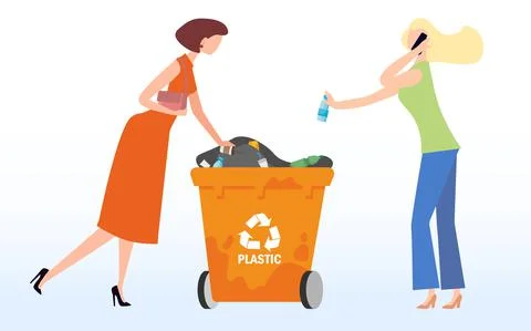 Waste sorting. Waste bin for plastic. People throw away plastic trash. Stock Illustration