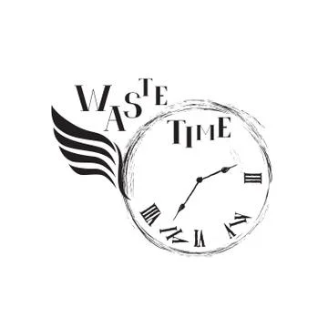 Waste time concept. Doodle retro watch dial with wing, handwritten letterin.. Stock Illustration