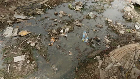 Waste, trash and garbage floated on a polluted river Stock Footage 139053352